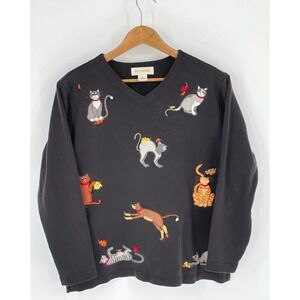 Bechamel Womens Sweatshirt M V-Neck Black Embroidered Fall Cats Leaves